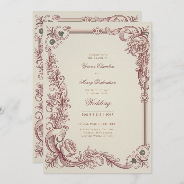 Heritage | Victorian Burgundy Scrollwork Wedding Einladung (Vorne/Hinten)