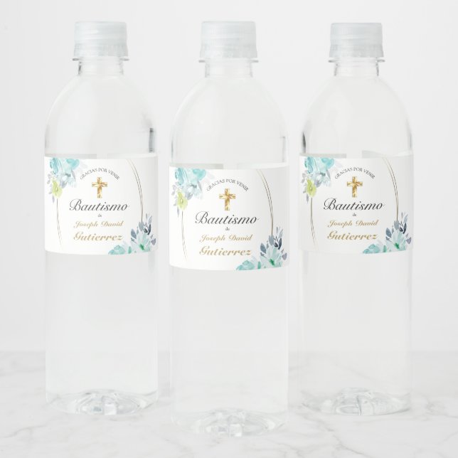 HERMOSO BAUTIZO BEBÉ CRUZADO DE ORO FLORAL AZUL (Flaschen)