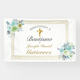 HERMOSO BAUTIZO BEBÉ CRUZADO DE ORO FLORAL AZUL BANNER