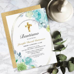 HERMOSO BAUTIZO BEBÉ CRUZADO DE ORO FLORAL AZUL EINLADUNG