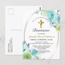 HERMOSO BAUTIZO BEBÉ CRUZADO DE ORO FLORAL AZUL IN POSTKARTE