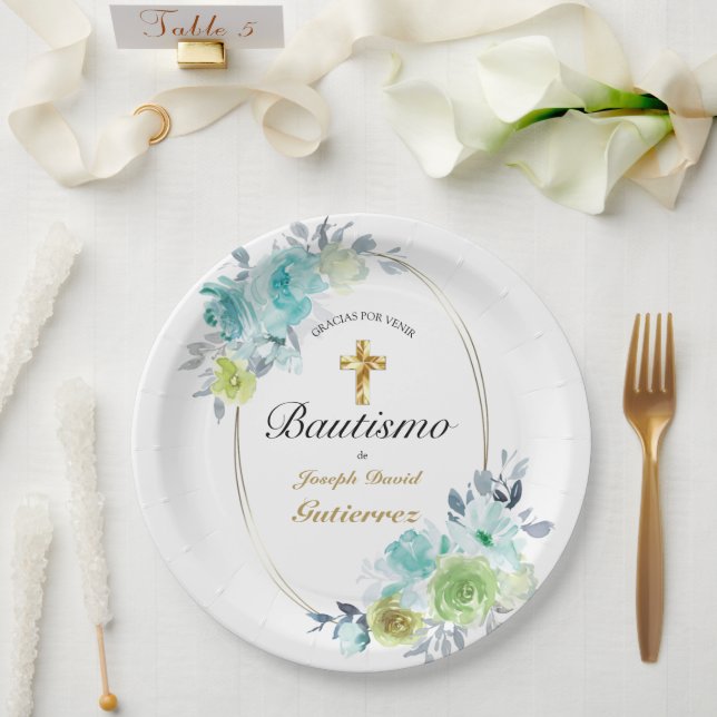 HERMOSO BAUTIZO BEBÉ CRUZADO DE ORO FLORAL AZUL   PAPPTELLER (Hochzeit)