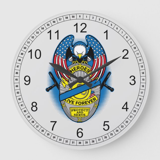Heroes Live Forever Police Memorial Abzeichen Große Wanduhr (Vorderseite)