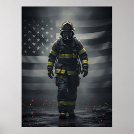 Heroic Firefighter Walking Through Smoke poster