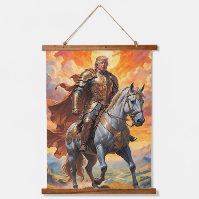 Heroischer Trump-Krieger in Goldener Rüstung Wandteppich Mit Holzrahmen (Vorderseite)