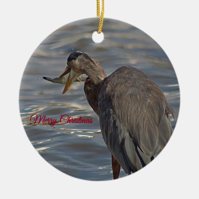 Heron Fishing Coastal Frohe Weihnachten Keramik Ornament (Vorne)