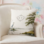 Heron Lake Toile French Country Wedding Monogram Kissen<br><div class="desc">Elegant throw pillow featuring a graceful heron by a serene lakeside in classic French country toile style. The refined monogram detail adds a timeless and personalized touch, perfect for weddings, anniversary gifts, or romantic home décor. Soft neutral tones create a sophisticated estate-inspired aesthetic. Fully customizable initials to make it uniquely...</div>