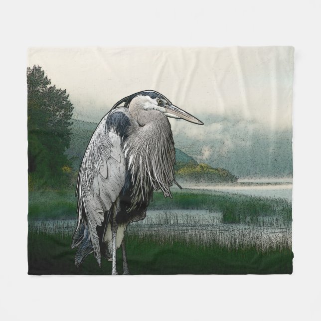 Heron Lake Zeichnend Fleecedecke (Vorderseite (Horizontal))