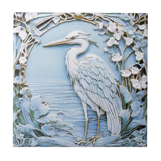Heron Sea Bird Art Nouveau Imitats Relief Links Bl Fliese (Vorderseite)