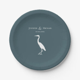 Heron Silhouette weiß in dunkelblau Pappteller