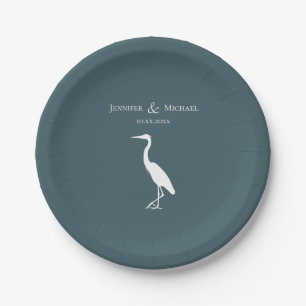 Heron Silhouette weiß in dunkelblau Pappteller