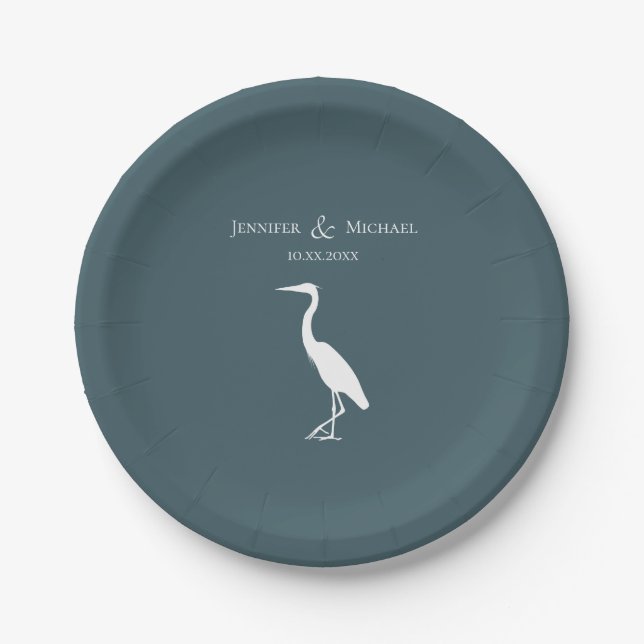 Heron Silhouette weiß in dunkelblau Pappteller (Vorderseite)