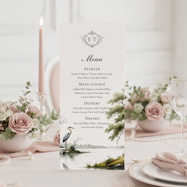 Heron Toile Country Monogram Wedding Flat Menu Menükarte (Von Creator hochgeladen)