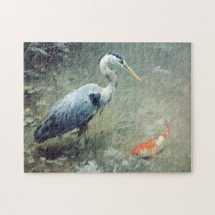 Heron und Vibrant Koi Fish
