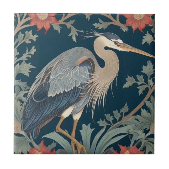 Heron William Morris Stil Rechtes Meer Marine Bird Fliese (Vorderseite)