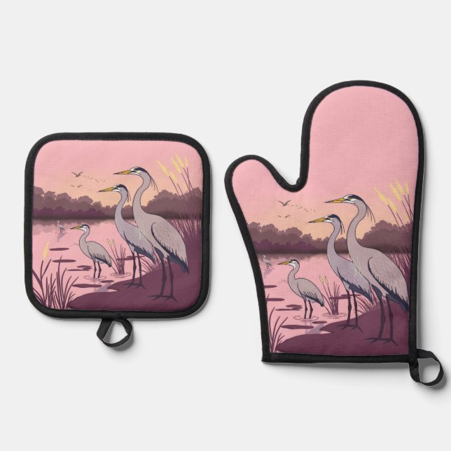 Herons by the Lake Ofenhandschuh & Topflappen-Set (Vorderseite)