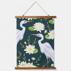 Herons White Lily Green Foliage Wasserlandschaft Wandteppich Mit Holzrahmen