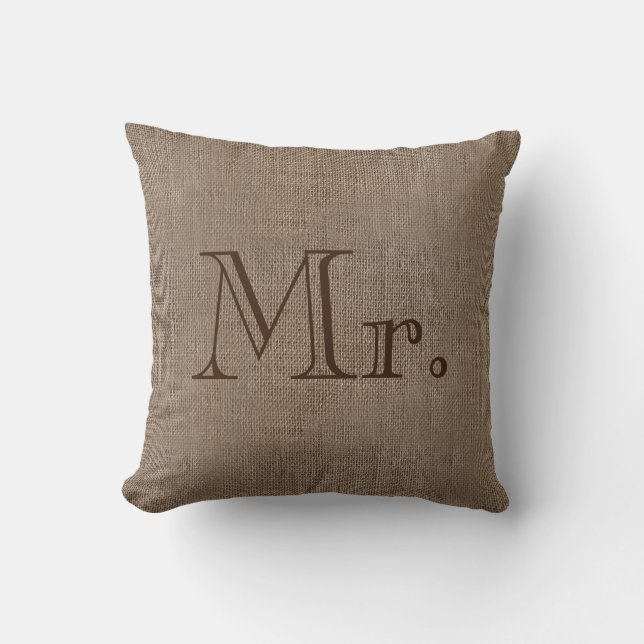 Herr Burlap-Look Rustikale Hochzeit hält seinen Se Kissen (Vorderseite)