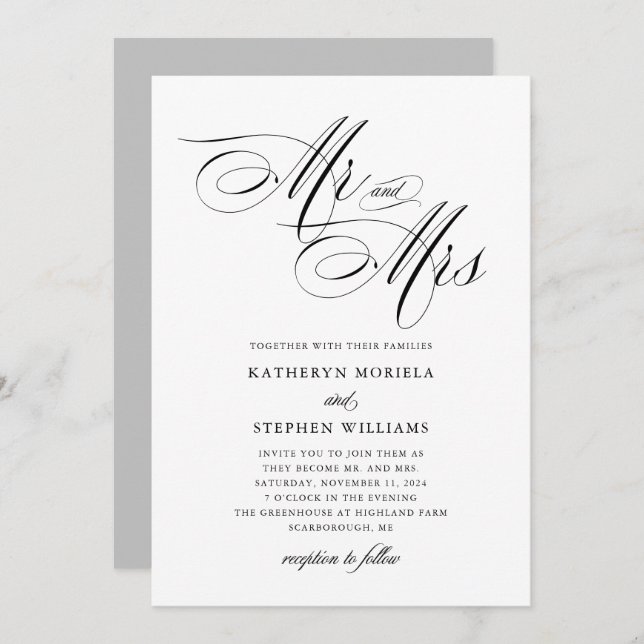 Herr & Frau Classic Calligraphy Wedding Einladung (Vorne/Hinten)
