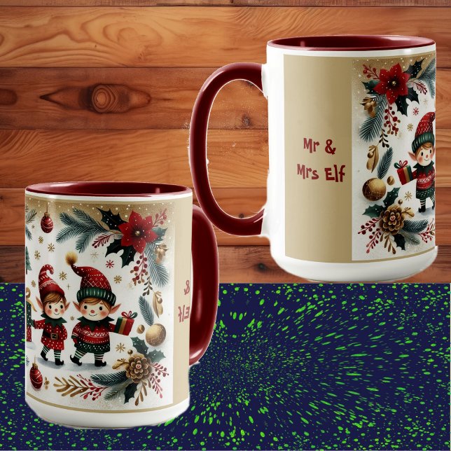 Herr & Frau Elf Merry Christmas Poinsettia Botanic Tasse (Mr & Mrs Elf Merry Christmas Poinsettia Botanicals Mug)
