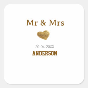 Herr & Frau Familienname golden glänzendes Herz Quadratischer Aufkleber