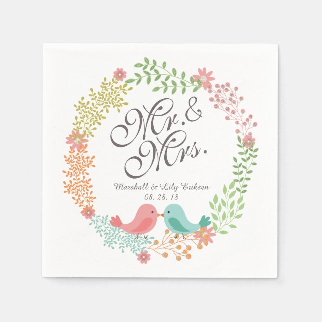 Herr & Frau Floral Wreath w/Birds Wedding Napkin Serviette (Vorderseite)