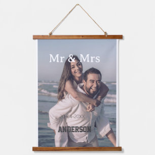 Herr & Frau fügen Familienname Foto Datum Hochzeit Wandteppich Mit Holzrahmen