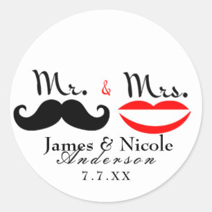 Herr & Frau Retro Schnurrbart Lippen Hochzeit Aufk Runder Aufkleber