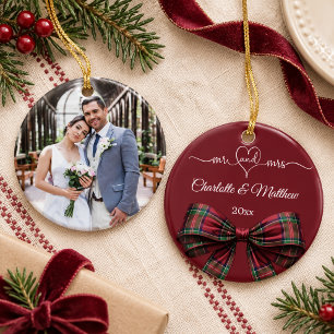 Herr Frau Weihnachten burgundergrün tartan Schleif Keramik Ornament