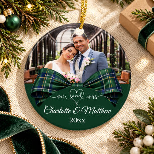 Herr Frau Weihnachten grün blau Tartan-Schleife Fo Keramik Ornament