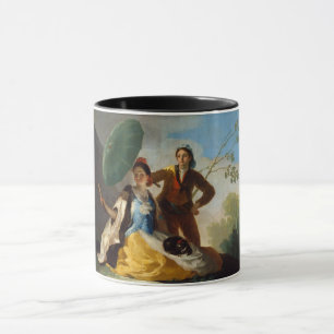 Herr hält einen Sonnenschirm für eine spanische Da Tasse