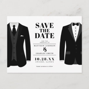 Herr & Mr. Modern Black Wedding Tux - Save the Dat Postkarte