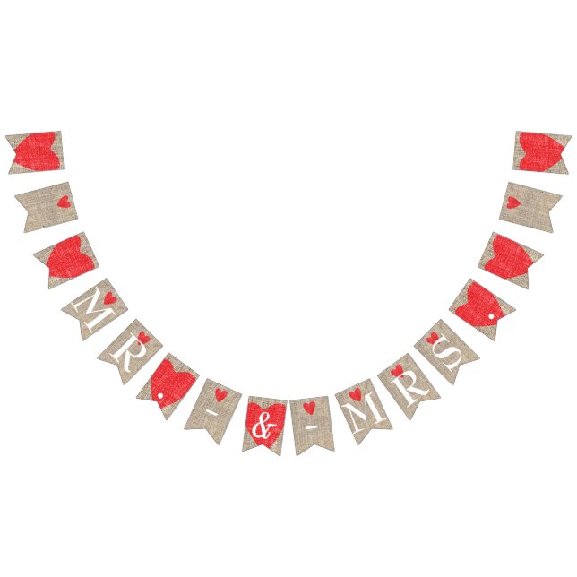 Herr & Mrs. Burlap & Red Hearts Wedding Verlobung Wimpelkette (Alle)