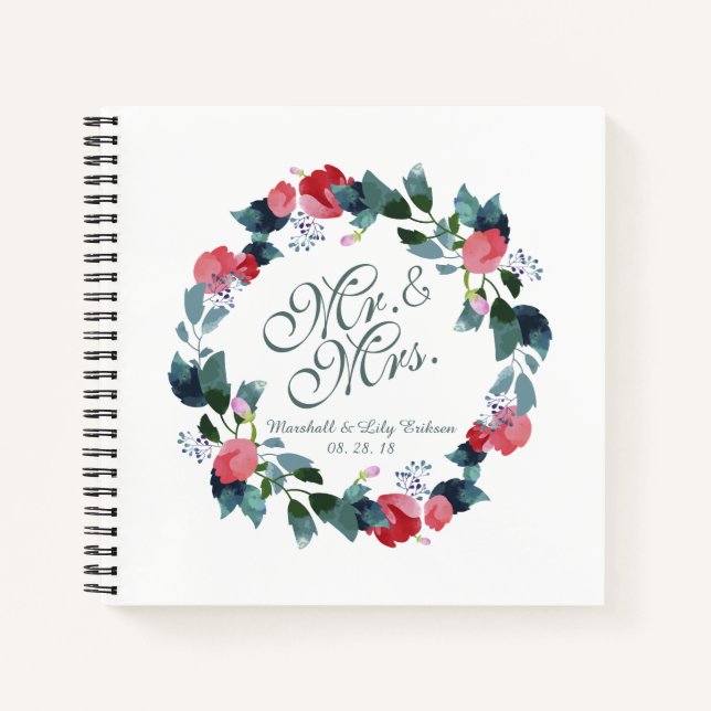 Herr & Mrs. Elegant Floral Wedding | Gästebuch Notizbuch (Vorderseite)