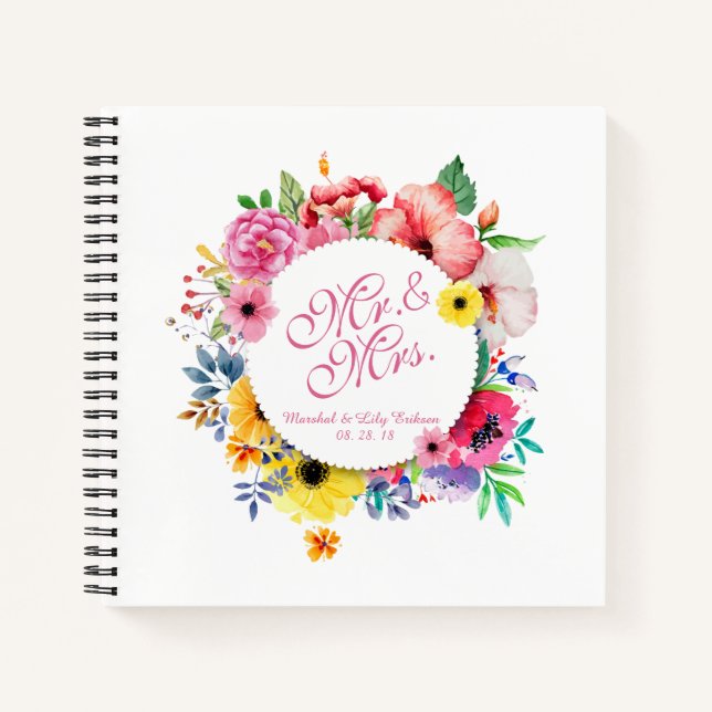 Herr & Mrs. Elegant Floral Wedding | Gästebuch Notizbuch (Vorderseite)