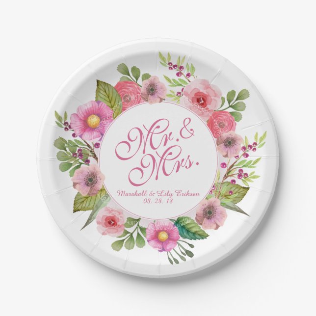 Herr & Mrs. Elegant Floral Wedding | Papierplatte Pappteller (Vorderseite)