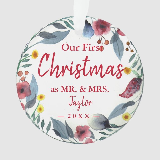 Herr & Mrs. First Christmas Floral Wreath Ornament (Vorderseite)