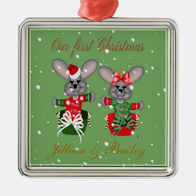 Herr & Mrs. First Christmas Mouse Ornaments Silbernes Ornament (Vorne)