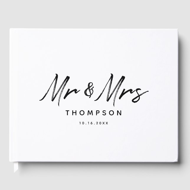 Herr & Mrs. Modern Schwarz-weiß Script Wedding Gästebuch (Vorderseite)