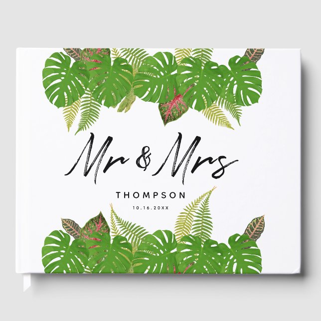 Herr & Mrs Modern Tropical Blätter Script Wedding Gästebuch (Vorderseite)