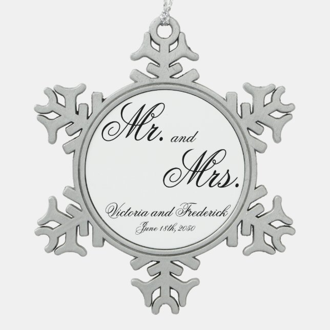Herr & Mrs. Newlywed Schneeflocken Zinn-Ornament (Vorderseite)