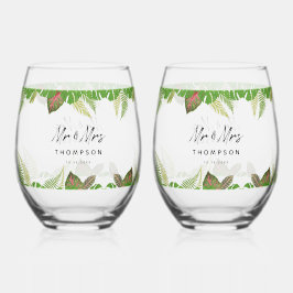 Herr & Mrs. Tropical Blätter Script Wedding Gift Weinglas Ohne Stiel