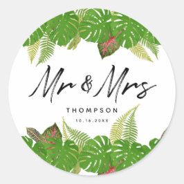 Herr & Mrs. Tropical Blätter Script Wedding Runder Aufkleber