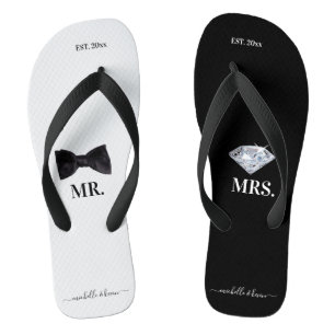 Herr & Mrs Wedding Black & White Flip Flops