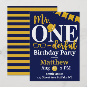 Herr One-derful Navy and Gold Birthday Party Einladung