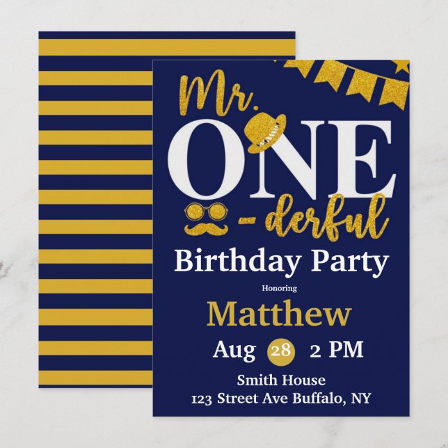 Herr One-derful Navy and Gold Birthday Party Invit Einladung (Vorne/Hinten)