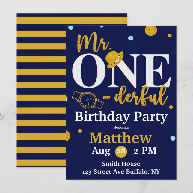 Herr One-derful Navy and Gold Birthday Party Invit Einladung (Vorne/Hinten)