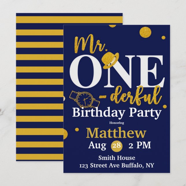 Herr One-derful Navy and Gold Birthday Party Invit Einladung (Vorne/Hinten)