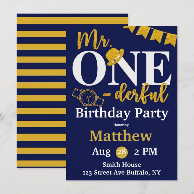 Herr One-derful Navy and Gold Birthday Party Invit Einladung (Vorne/Hinten)