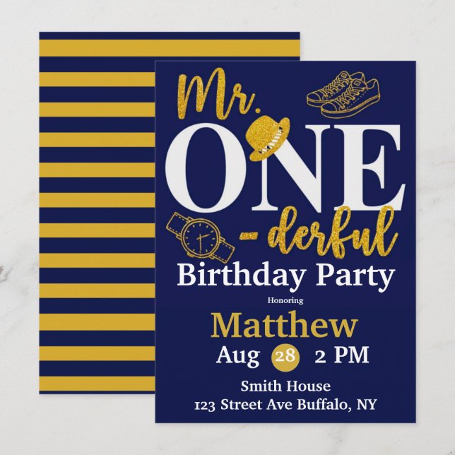 Herr One-derful Navy and Gold Birthday Party Invit Einladung (Vorne/Hinten)